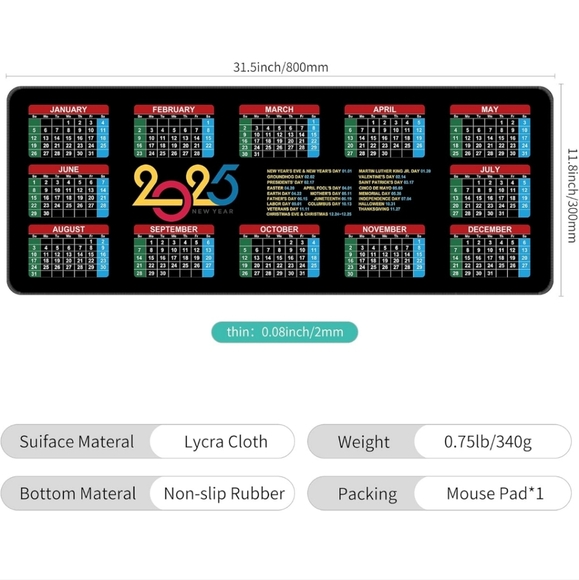 Colorful 2025 Black Desk Calendar Mat- Comfortable, Non-Slip, and Smooth - Picture 2 of 5